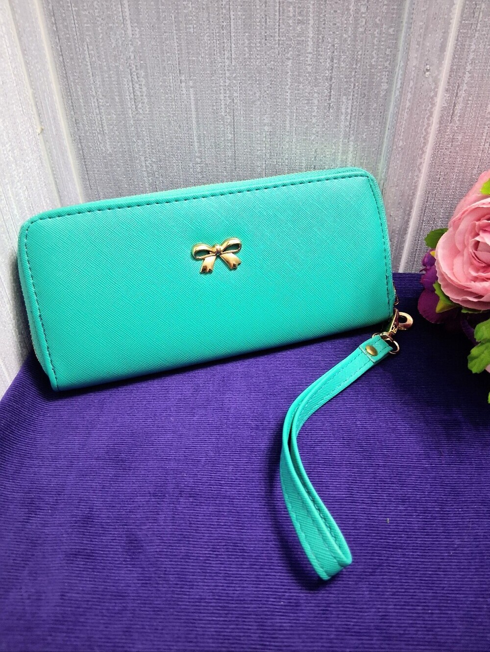 Cute Wristlet Wallet Teal Aqua With Gold Bow